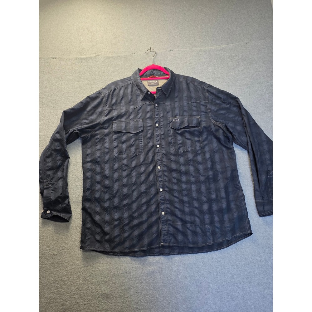 Simms Fishing Products Mens XXL Blue Plaid Long Sleeve‎ Snap Button Shirt 41927